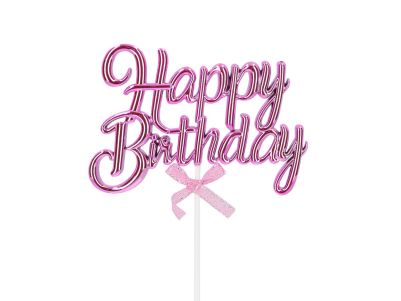 Топер за торта - Happy Birthday - 3D - Розово - 11,7см