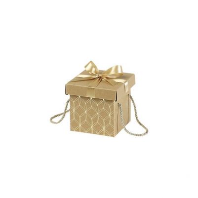 Квадратна кутия от Крафт картон със златна сатенена панделка и дръжки 12,5x12,5x12 cm