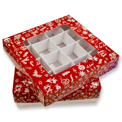 Кутия за бонбони и бисквитки с прозорец – 15 × 15 × 5 см – Коледна магия - 3 броя