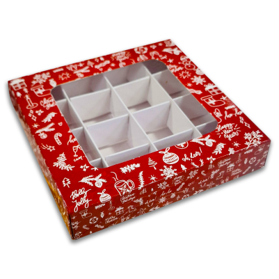 Кутия за бонбони и бисквитки с прозорец – 15 × 15 × 3 см – Коледна магия - 3 броя