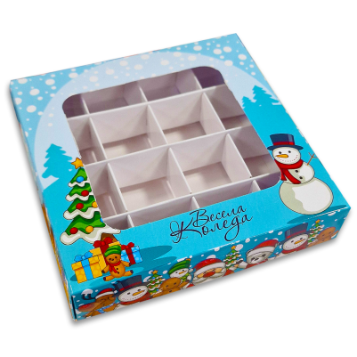 Кутия за бонбони и бисквитки с прозорец – 15 × 15 × 3 см – Коледни приятели- 50 броя