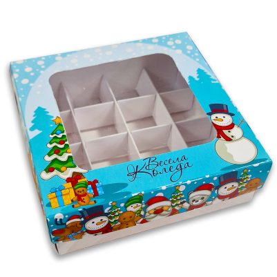 Кутия за бонбони и бисквитки с прозорец – 15 × 15 × 5 см – Коледни приятели - 50 броя