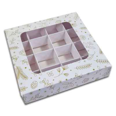 Кутия за бонбони и бисквитки с прозорец – 15 × 15 × 3 см – Златна Коледа - 50 броя