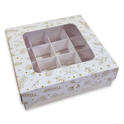Кутия за бонбони и бисквитки с прозорец – 15 × 15 × 5 см – Златна Коледа - 20 броя